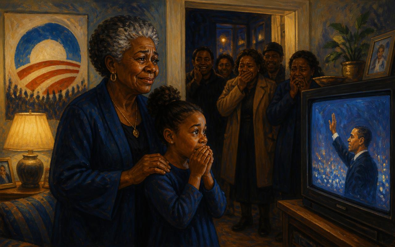 A grandmother and her granddaughter stand in a crowded living room watching election night results on television while neighbors gather in the doorway